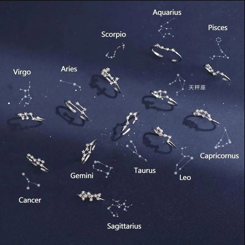 Silver jewelry pieces shaped like zodiac signs on a dark blue background with zodiac names.(Zodiac ring)