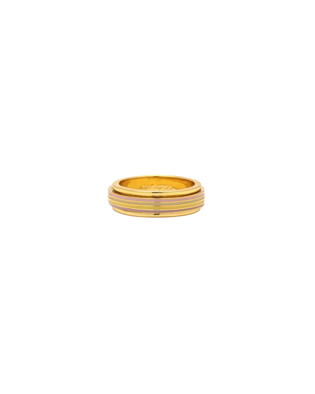 Gold ring with a striped pattern on a white background
