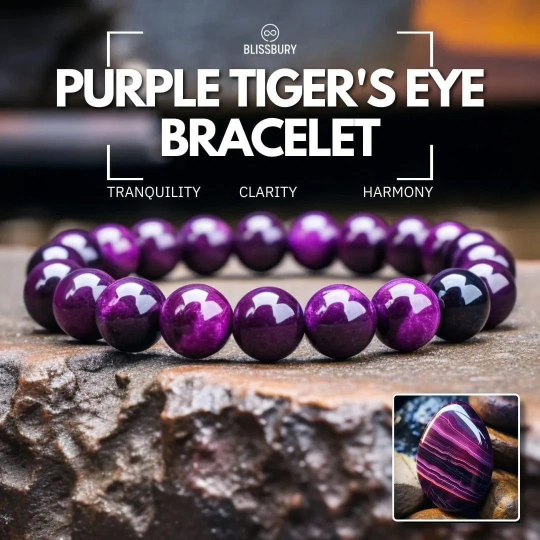 Purple tiger's eye bracelet with text highlighting benefits on a dark background