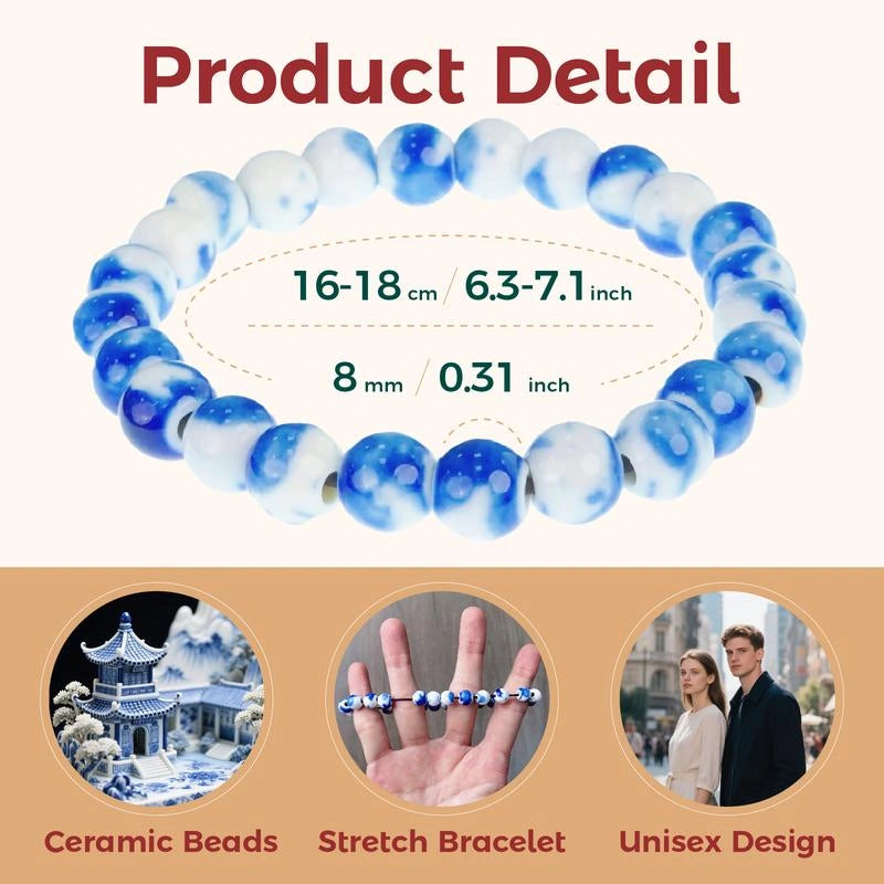 Blue and white beaded bracelet with measurements and product details on a white background