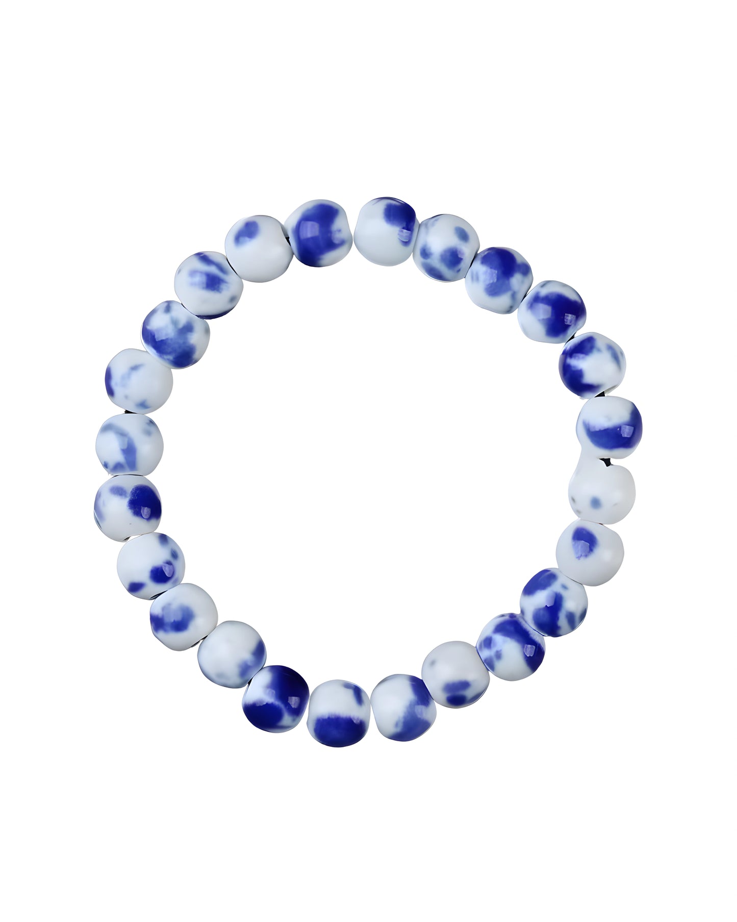Beaded bracelet with blue and white pattern on a white background