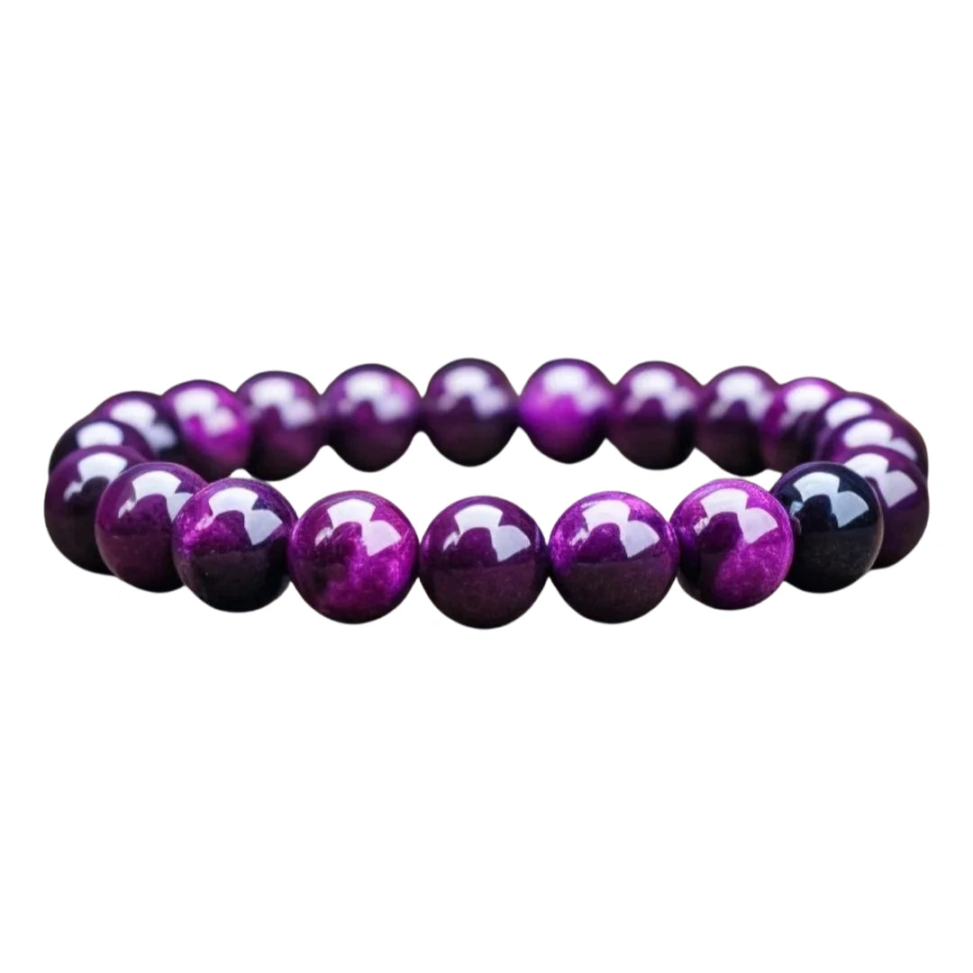 Purple beaded bracelet on a white background