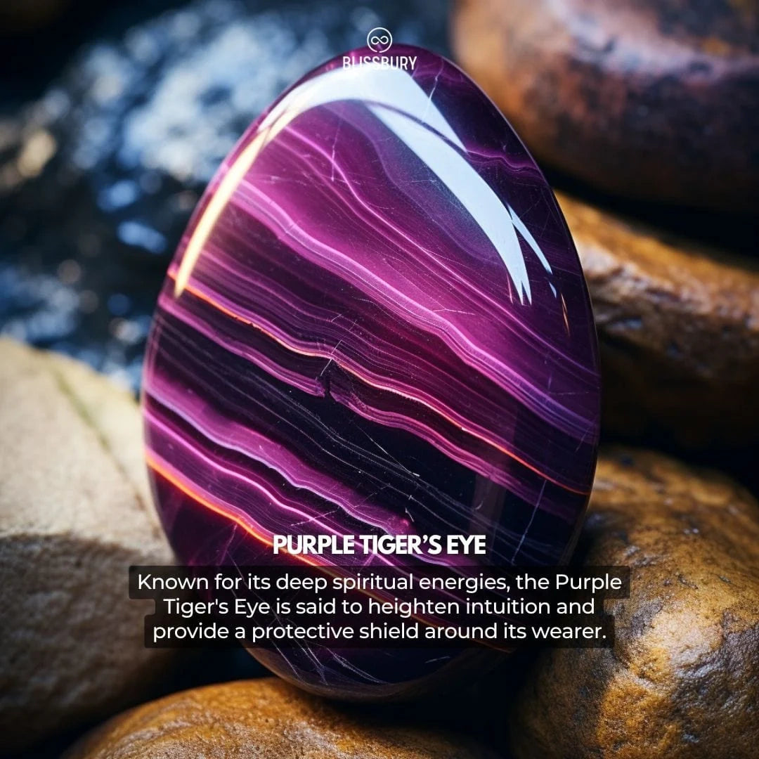 Purple Tiger's Eye stone on rocks with text about its properties
