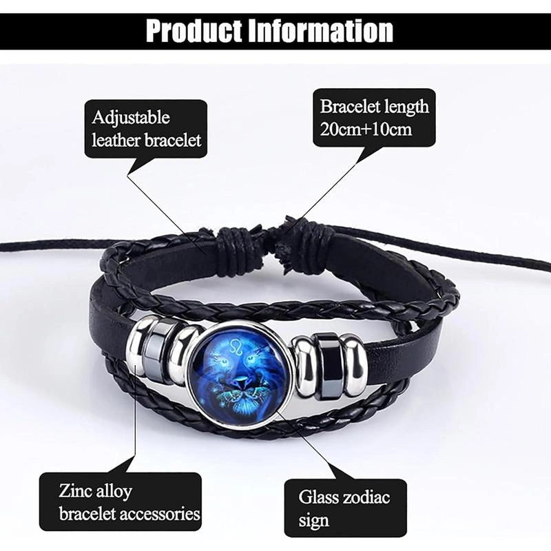 Black leather bracelet with blue glass zodiac sign on a white background