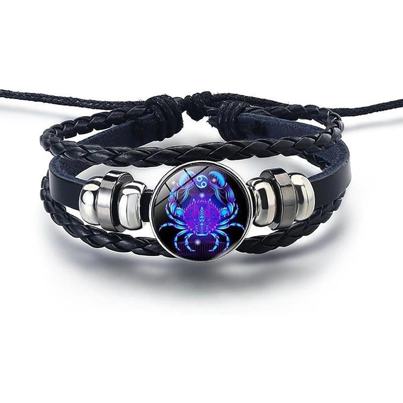 Bracelet with a black braided strap and silver accents featuring a colorful scorpion design on a white background.