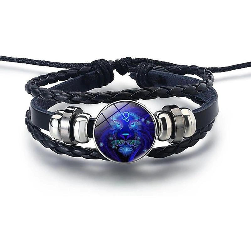 Bracelet with blue lion head design and silver accents on a white background