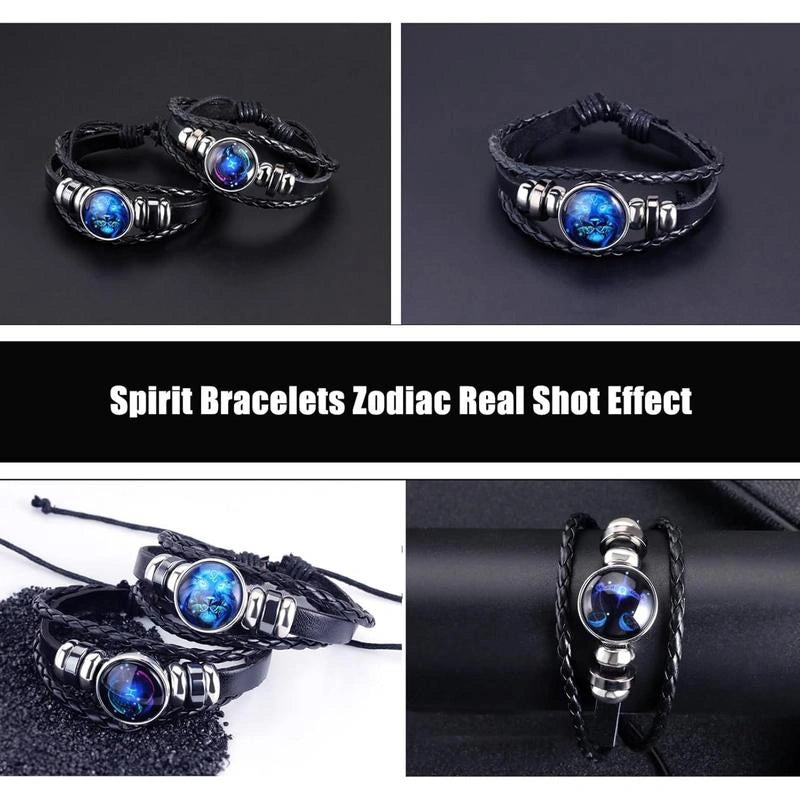 Black braided bracelets with blue gemstones on a dark background