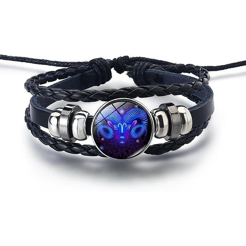 Bracelet with black braided strap and silver accents featuring a zodiac symbol on a white background