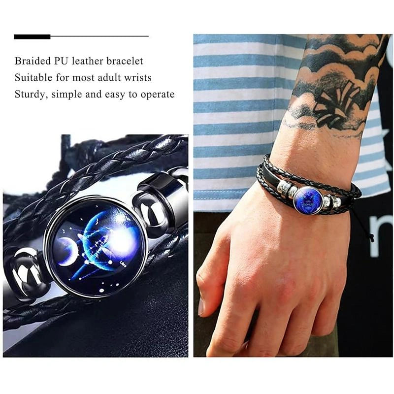 Braided PU leather bracelet with blue evil eye charm worn on a wrist.