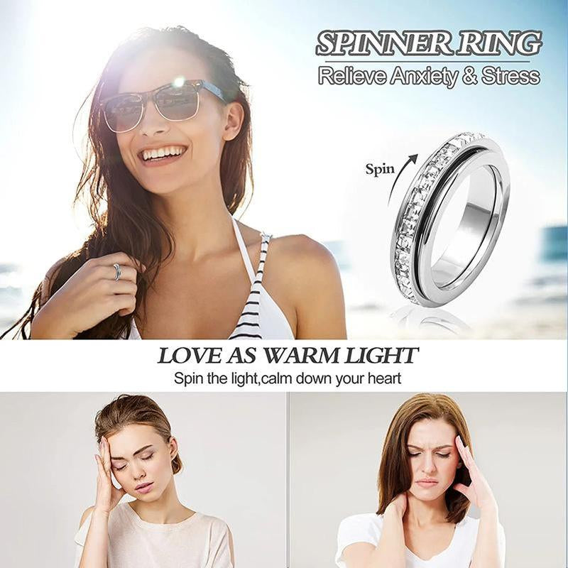 Anxiety Rings for Women and Men Titanium Steel Spinner Fidget Band Rings Cubic Zirconia Relieving Anxiety Wedding Promise Lucky Rings Comfort Fit Size 5 to 10