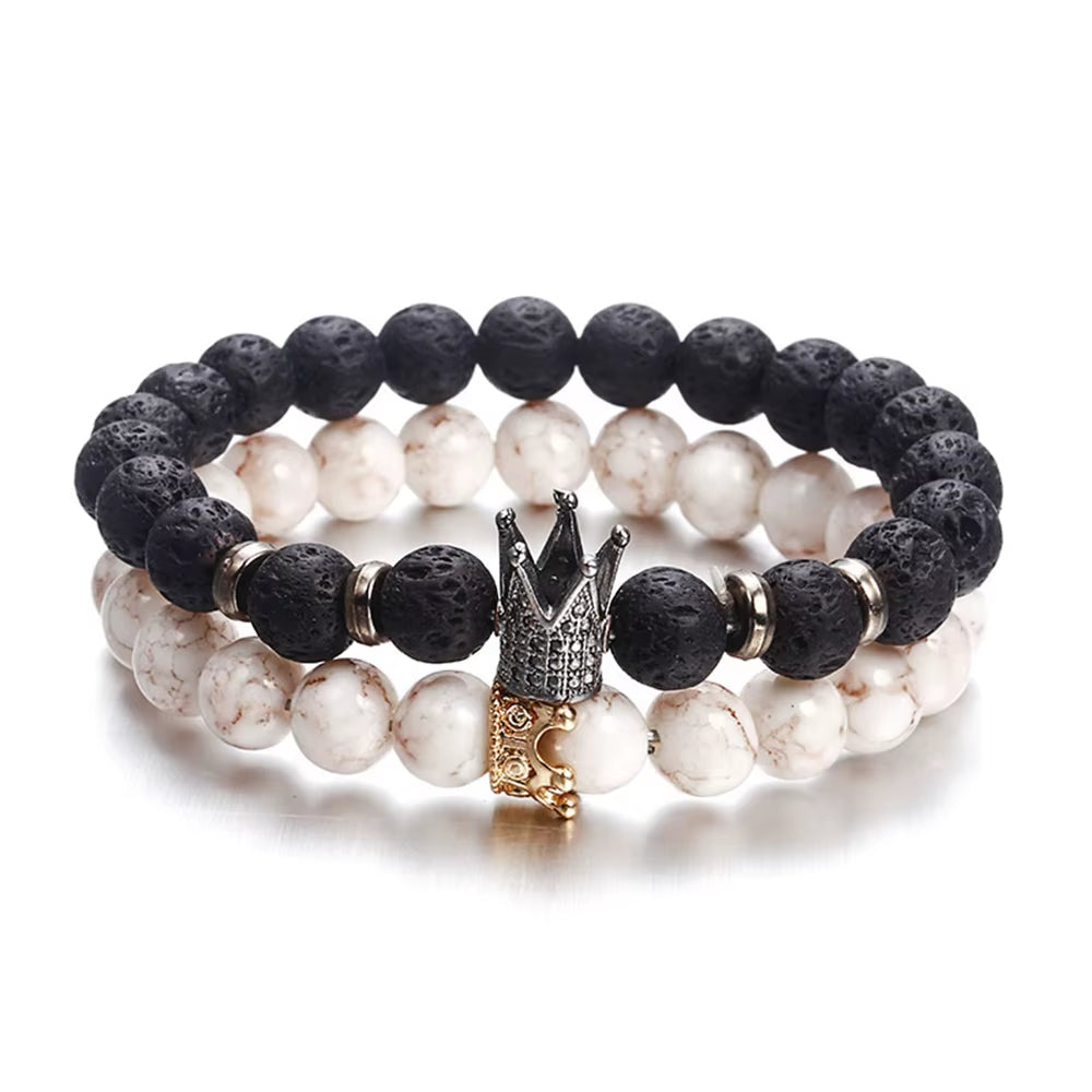 Classic Black Volcano Stone Bracelet with Textured Punk Charm Bracelet Unisex Style Men'S and Women'S Suitable Bracelets