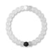 White beaded bracelet with a black hexagonal charm on a white background