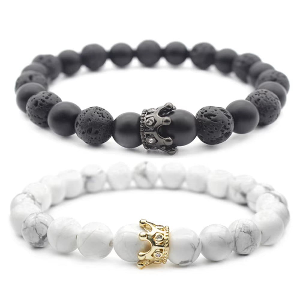 Classic Black Volcano Stone Bracelet with Textured Punk Charm Bracelet Unisex Style Men'S and Women'S Suitable Bracelets