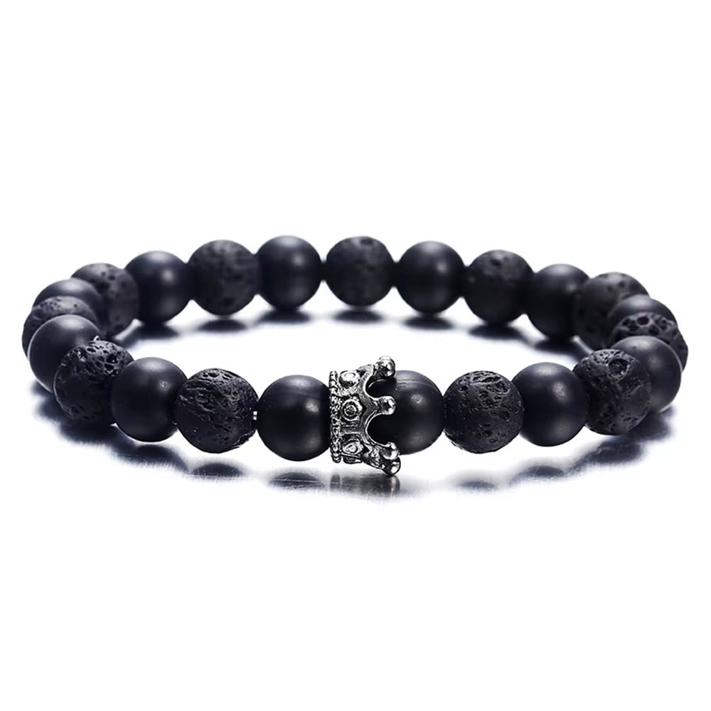 Classic Black Volcano Stone Bracelet with Textured Punk Charm Bracelet Unisex Style Men'S and Women'S Suitable Bracelets