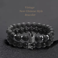 Classic Black Volcano Stone Bracelet with Textured Punk Charm Bracelet Unisex Style Men'S and Women'S Suitable Bracelets