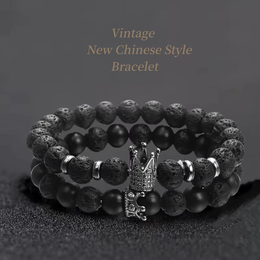 Classic Black Volcano Stone Bracelet with Textured Punk Charm Bracelet Unisex Style Men'S and Women'S Suitable Bracelets