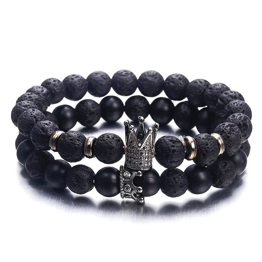 Classic Black Volcano Stone Bracelet with Textured Punk Charm Bracelet Unisex Style Men'S and Women'S Suitable Bracelets